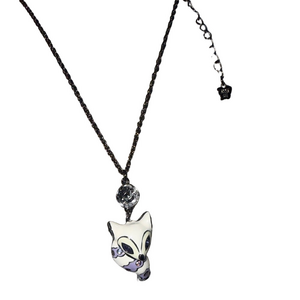 Anna Sui Purple and White Fox Pendant Gunmetal Necklace